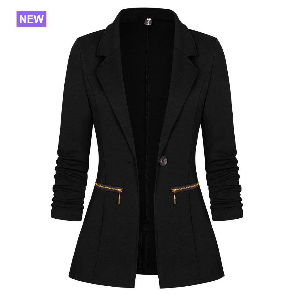 Long Sleeve Blazer Cardigan Jacket With Zipper Pockets Polyester